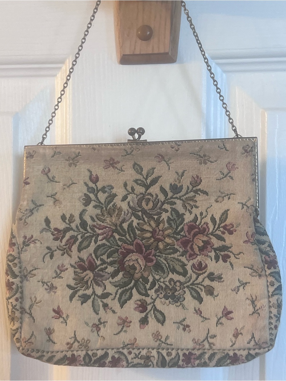 Vintage Made in France Floral Tapestry Evening Purse Kiss Lock Chain 7x5